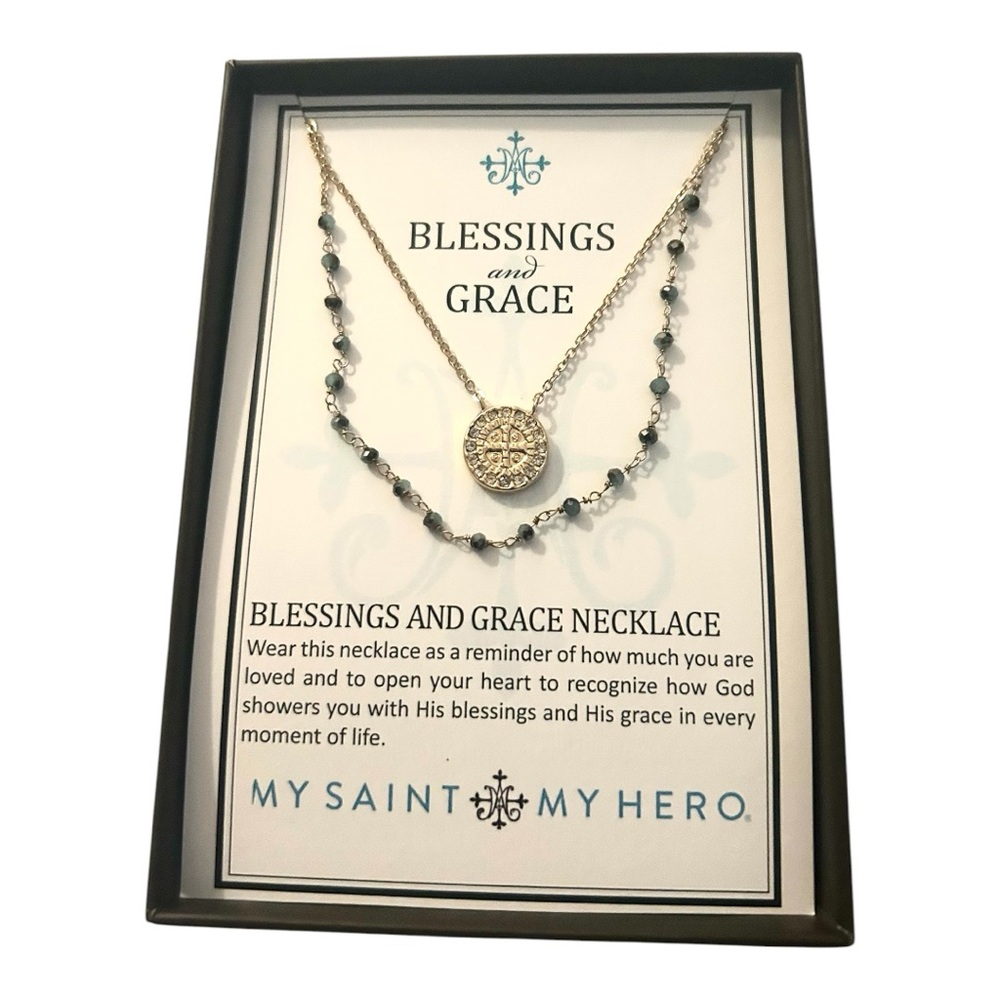My Saint My Hero Gold and Black Beaded Necklace with Circular Pendant